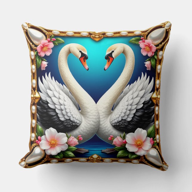Coussin Cygnes de mariage encadrés d'or et de fleurs (Recto)