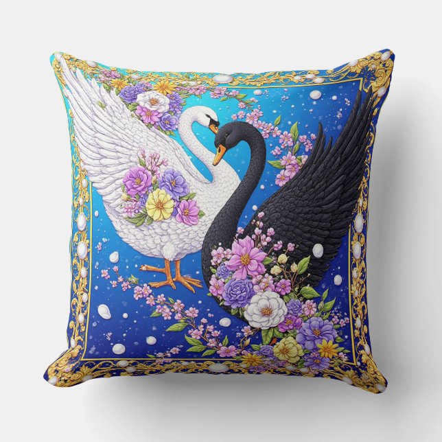 Coussin Cygnes de mariage encadrés d'or et de fleurs (Recto)