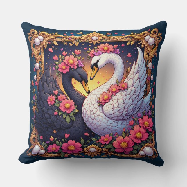 Coussin Cygnes de mariage encadrés d'or et de fleurs (Recto)