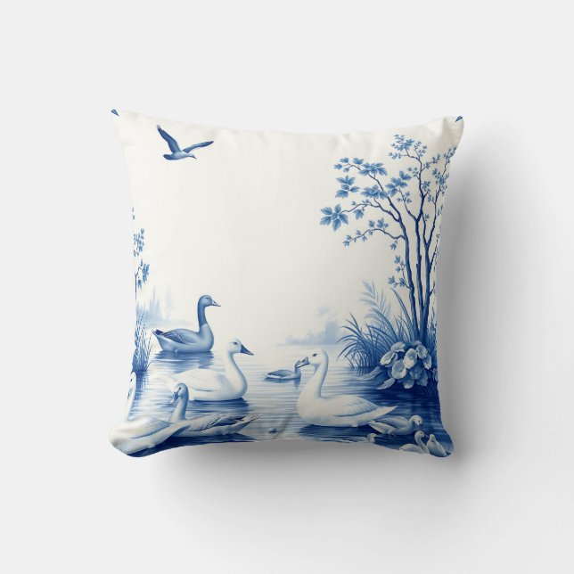 Coussin Cygnes du lac Blue Willow (Recto)