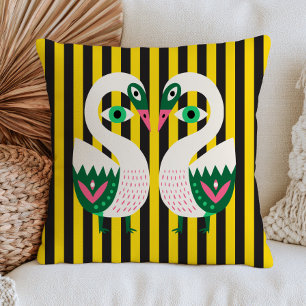 Coussin Cygnes du mauvais œil sur des rayures jaunes et no