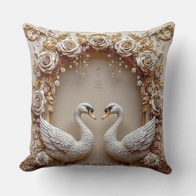 Coussin Cygnes Floraux Mariage Perle Or Romantique Fleur (Recto)