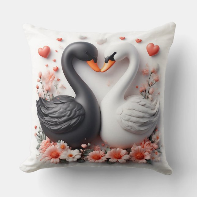 Coussin Cygnes romantiques décorés de fleurs (Recto)