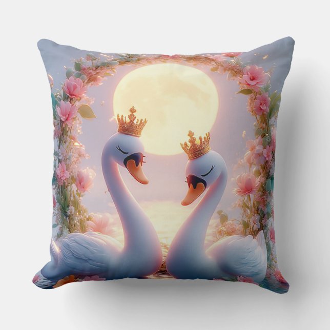 Coussin Cygnes Romantiques Décorés de Fleurs (Recto)