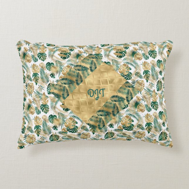 Coussin d'accent à feuilles vertes et or (Devant)