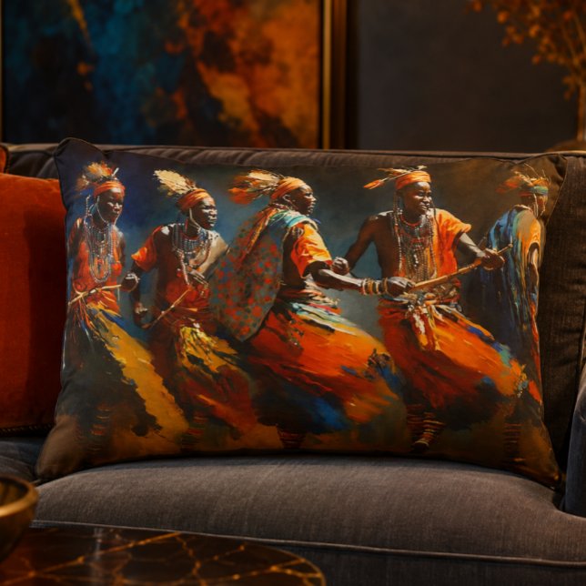 Coussin d'accent en polyester brossé des guerriers (African Wall Art | Maasai Warrior Dance Oil Painting | African Cultural Decor Print Pillow)