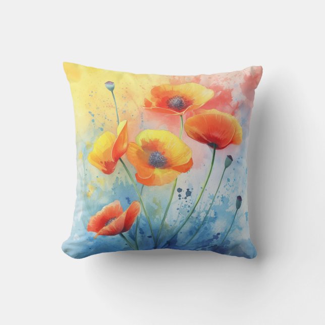 Coussin d'accent floral à l'aquarelle Coquelicots (Recto)