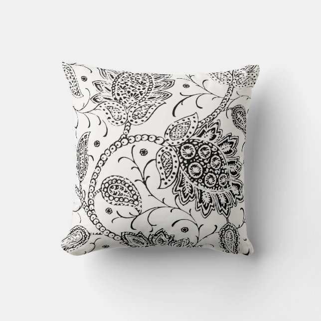 Coussin d'accents floraux de toile blanche et noir (Recto)