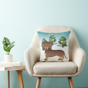 Coussin Dachshund à poil court chocolat et fauve en hiver