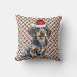 Coussin Dachshund à poil dur et chien de Noël à carreaux d