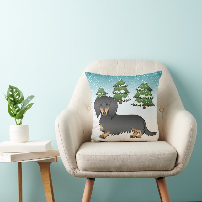 Coussin Dachshund à poil long noir et feu - Forêt d'hiver (Chaise)