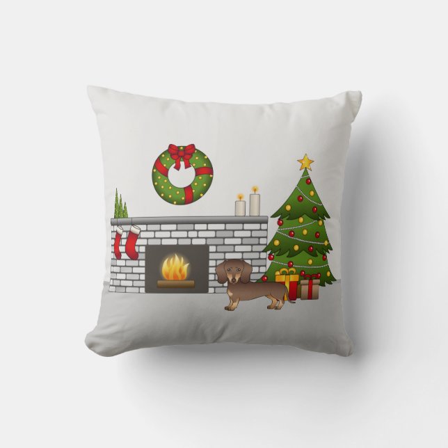 Coussin Dachshund à poil ras chocolat et fauve - Noël (Recto)