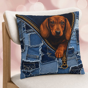 Coussin Dachshund & Amateur de Denim Faux Patchwork