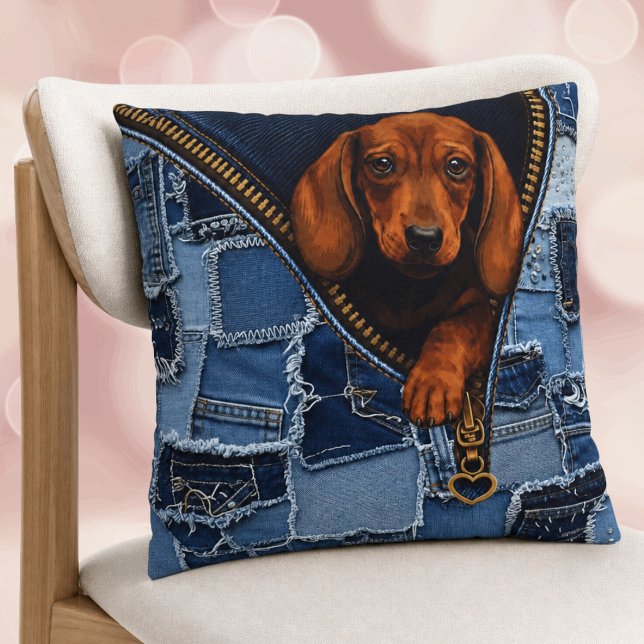 Coussin Dachshund & Amateur de Denim Faux Patchwork (Créateur téléchargé)