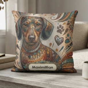 Coussin Dachshund Bohème Mosaïque Sarcelle Bronze