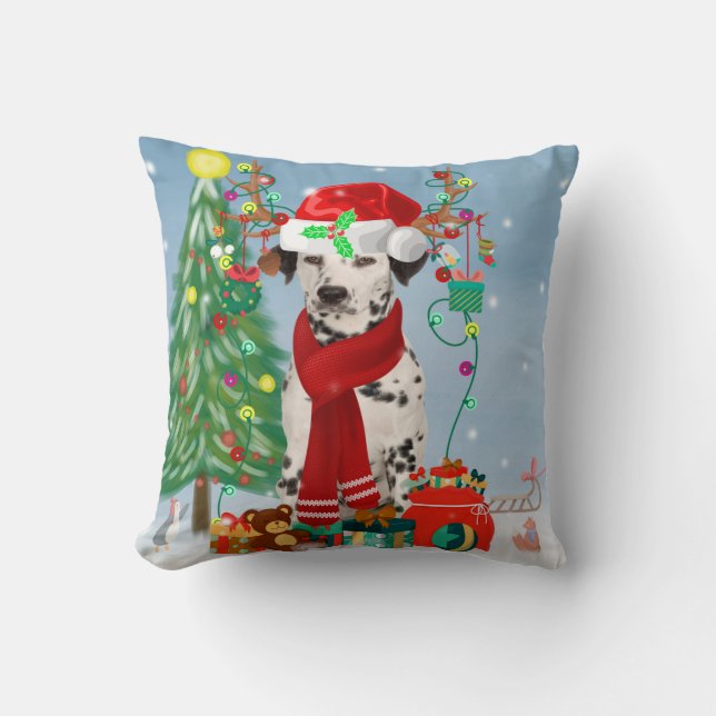 Coussin Dachshund Chien en neige avec cadeaux de Noël (Recto)
