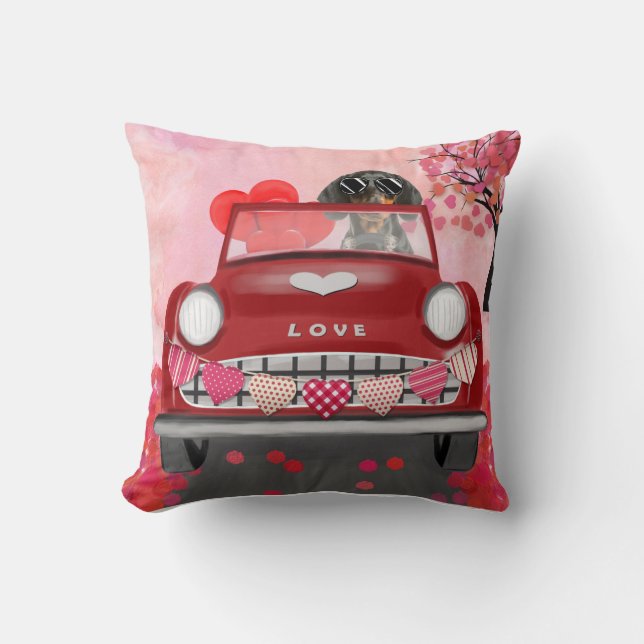 Coussin Dachshund Chien voiture avec les coeurs Valentine' (Recto)