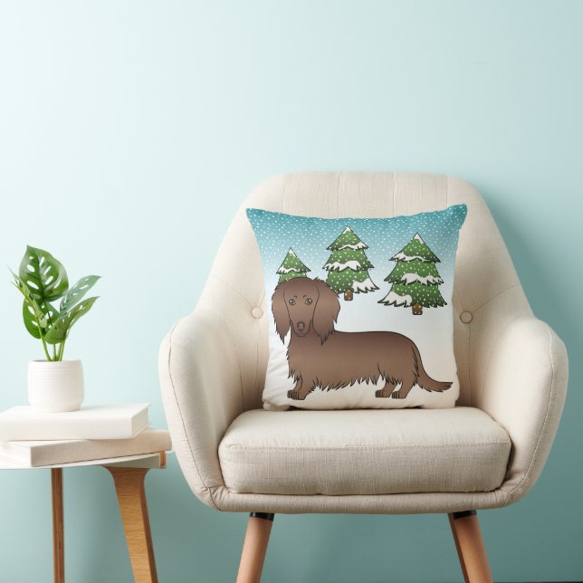 Coussin Dachshund Chocolat à Poils Longs Mignon - Forêt d' (Chaise)