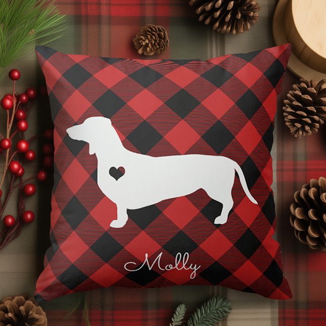 Coussin Dachshund Christmas Plaid Chien Nom (Créateur téléchargé)