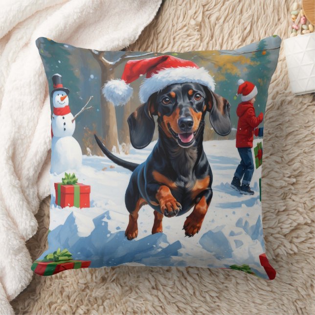 Coussin Dachshund courant dans la neige avec un chapeau de (Couverture)