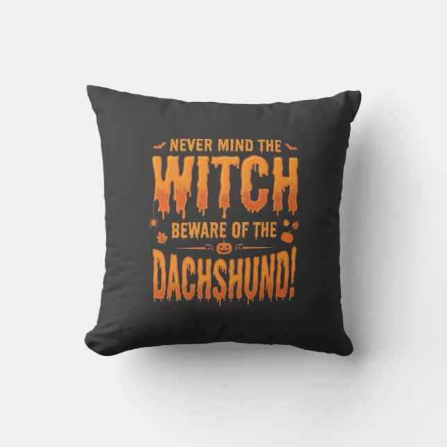 Coussin Dachshund Halloween Sorcière Avertissement Typogra (Recto)