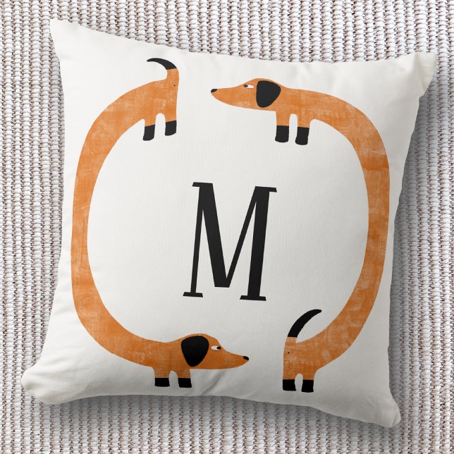 Coussin Dachshund mignon monogramme chien saucisse drôle (Fun Dachshund wiener dog personalized monogram initial throw pillow)