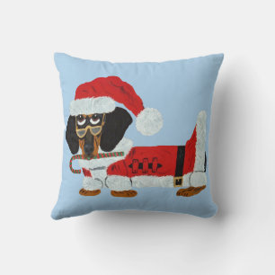 Coussin Dachshund noir et feu, Père Noël avec un bonbon en