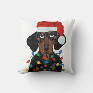 Coussin Dachshund Père Noël empêtré dans les lumières de N