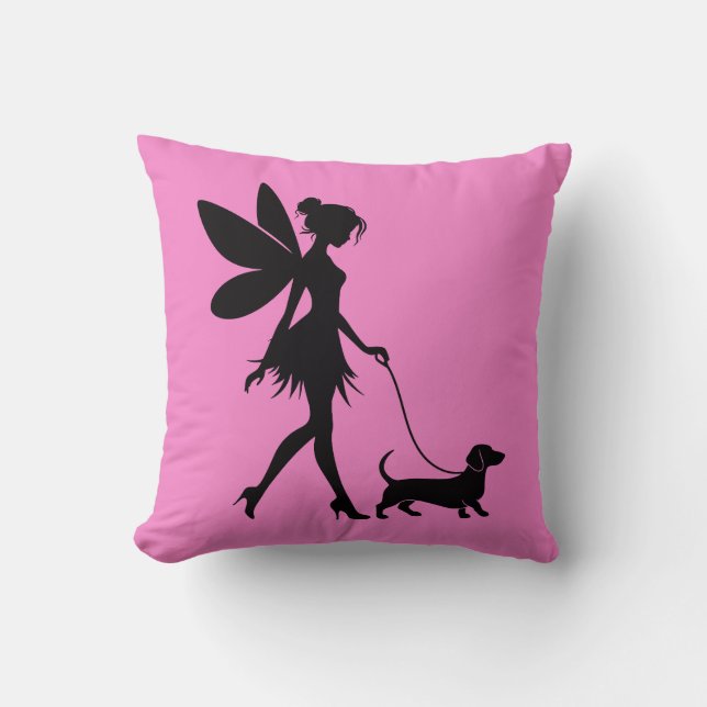 Coussin Dachshund promenant avec une fée  (Recto)