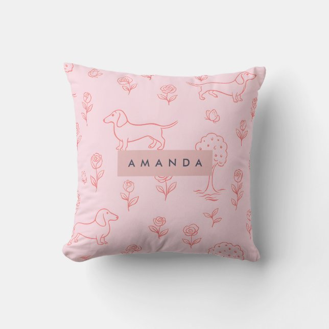 Coussin Dachshund Rose Personnalisé et Fleur (Recto)