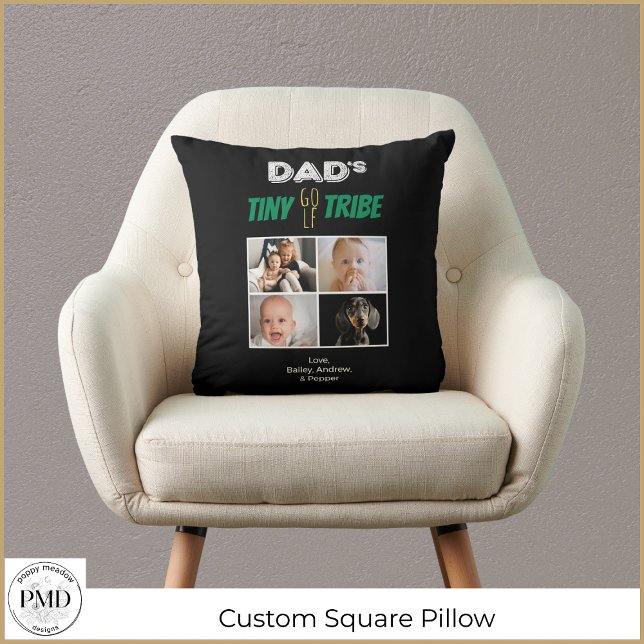 Coussin Dads Tiny Golf Tribu Fête des pères personnalisée  (Dad's Tiny Golf Tribe Custom Fathers Day 4 Photo Square Throw Pillow with Children's Names, Photos.)