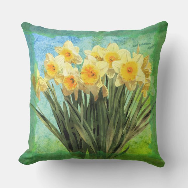 Coussin Daffodiers jaunes d'aquarelle sur vert (Recto)