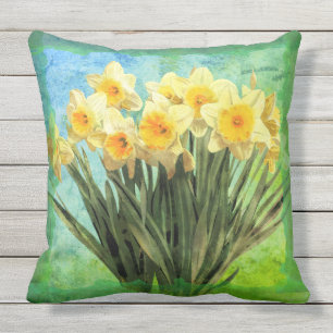 Coussin Daffodiers jaunes d'aquarelle sur vert