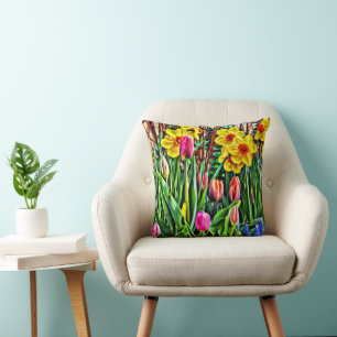 Coussin Daffodiques jaunes Tulipes pourpres Mascari bleu