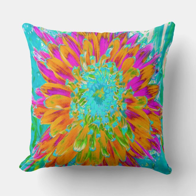 Coussin Dahlia Décoratif Orange Tropical et Rose Chaud (Recto)