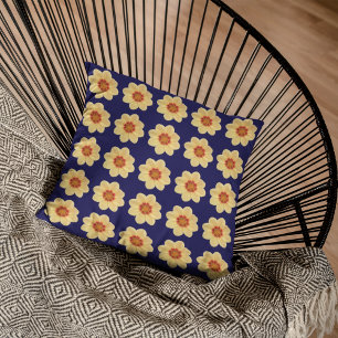 Coussin Dahlia jaune motif floral sur bleu