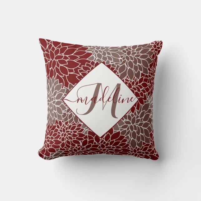 Coussin Dahlias rouges et argent personnalisés (Recto)