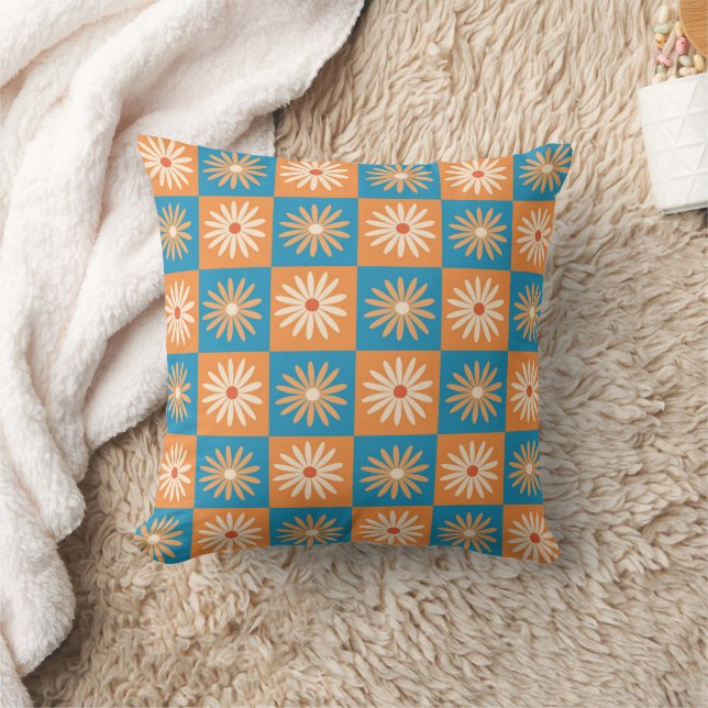 Coussin Daisy à carreaux sur damier bleu et orange (Couverture)