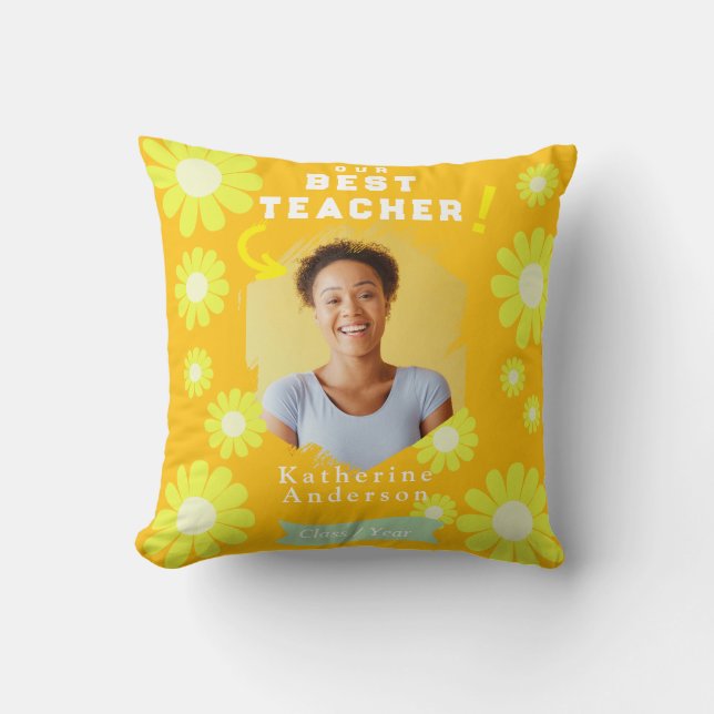 Coussin Daisy Best Teacher Photo Jaune Orange (Recto)