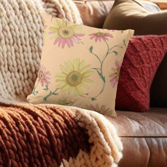 Coussin Daisy Fleur sauvage Rose & Jaune Motif sur (Créateur téléchargé)