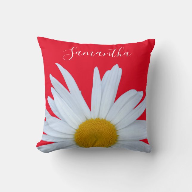 Coussin Daisy Photo Rouge Élégant blanc Script (Recto)