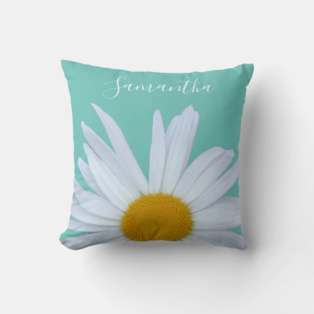 Coussin Daisy Photo Turquoise Green Elegant White Script (Recto)
