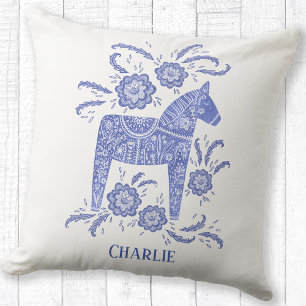 Coussin Dala suédois Cheval Art Blue Nom personnalisé