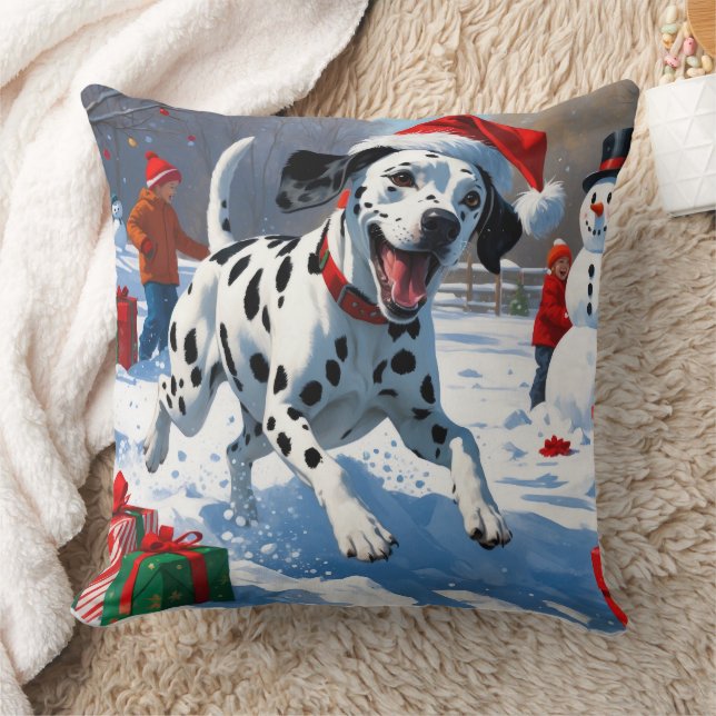 Coussin Dalmatien courant dans la neige avec un chapeau de (Couverture)
