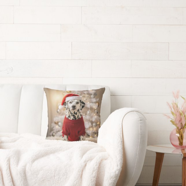 Coussin Dalmatien portant un pull de Noël rouge (Canapé)
