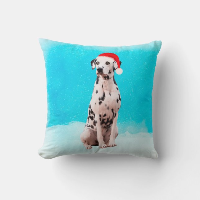 Coussin Dalmation Chien dans le Casquette de Noël de neige (Recto)