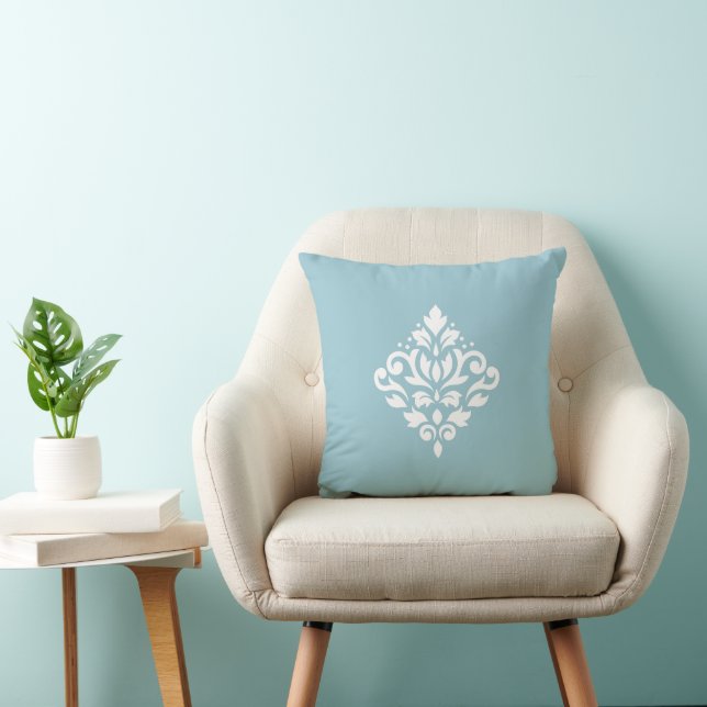 Coussin Damas à rinceau Blanc sur Bleu (Chaise)