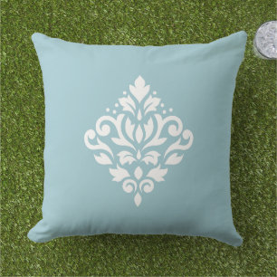 Coussin Damas à Rinceaux Blanc sur Bleu