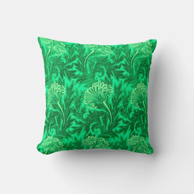 Coussin Damas de fleurs jacobéen, vert émeraude et vert ci (Recto)