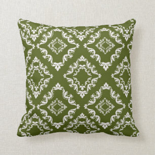 Coussin damas en diamant blanc et vert olive foncé